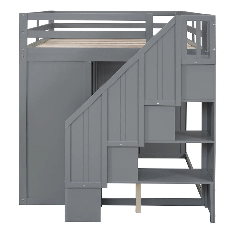 Gray Full Size Wood Loft Bed with Built-in Wardrobes and Cabinets