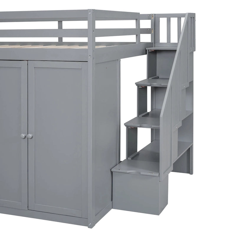 Gray Full Size Wood Loft Bed with Built-in Wardrobes and Cabinets