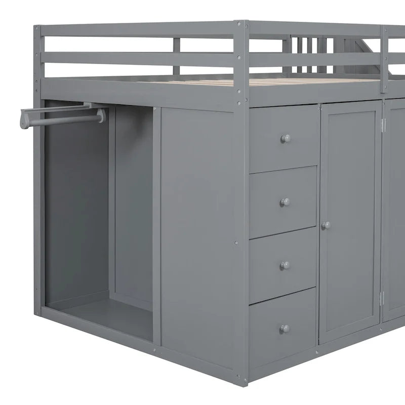 Gray Full Size Wood Loft Bed with Built-in Wardrobes and Cabinets