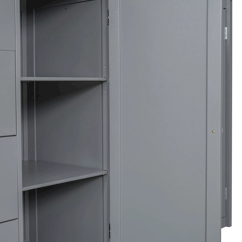Gray Full Size Wood Loft Bed with Built-in Wardrobes and Cabinets