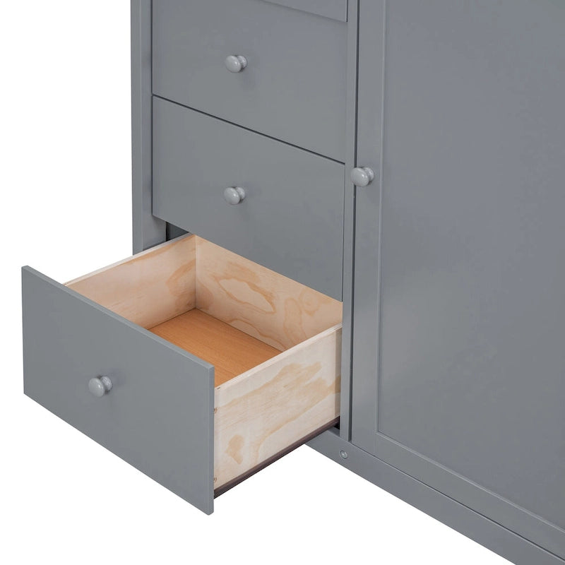 Gray Full Size Wood Loft Bed with Built-in Wardrobes and Cabinets