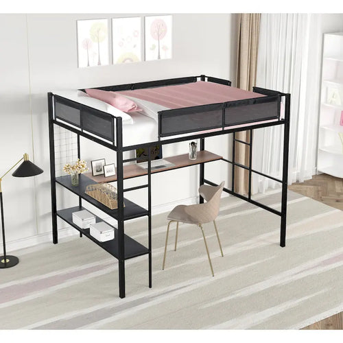 Black Full Size Metal Stell Loft Bed with Desk, Shelves, Noise-free Wood Slats and Comfortable Textilene Guardrail