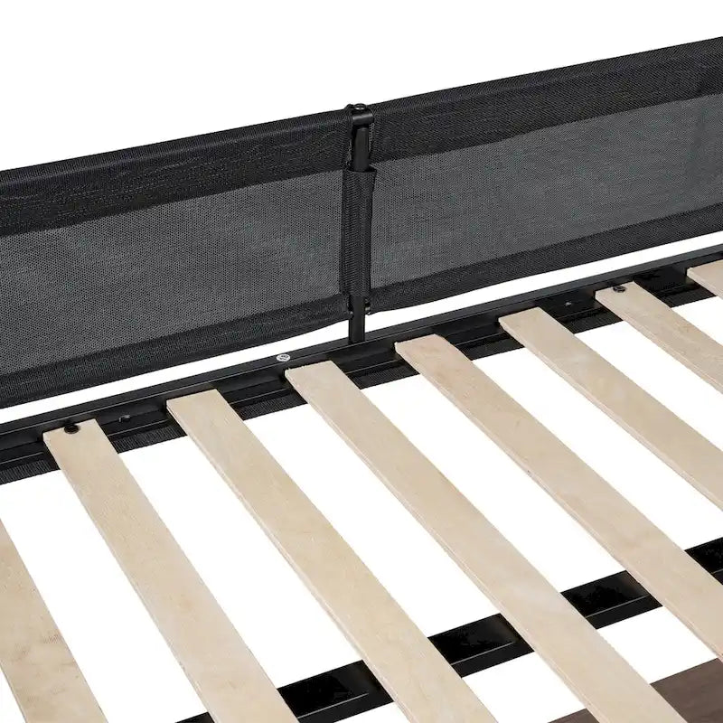 Black Full Size Metal Stell Loft Bed with Desk, Shelves, Noise-free Wood Slats and Comfortable Textilene Guardrail