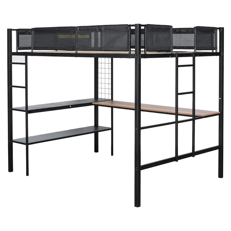 Black Full Size Metal Stell Loft Bed with Desk, Shelves, Noise-free Wood Slats and Comfortable Textilene Guardrail