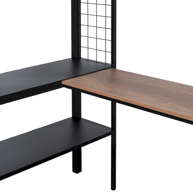 Black Full Size Metal Stell Loft Bed with Desk, Shelves, Noise-free Wood Slats and Comfortable Textilene Guardrail