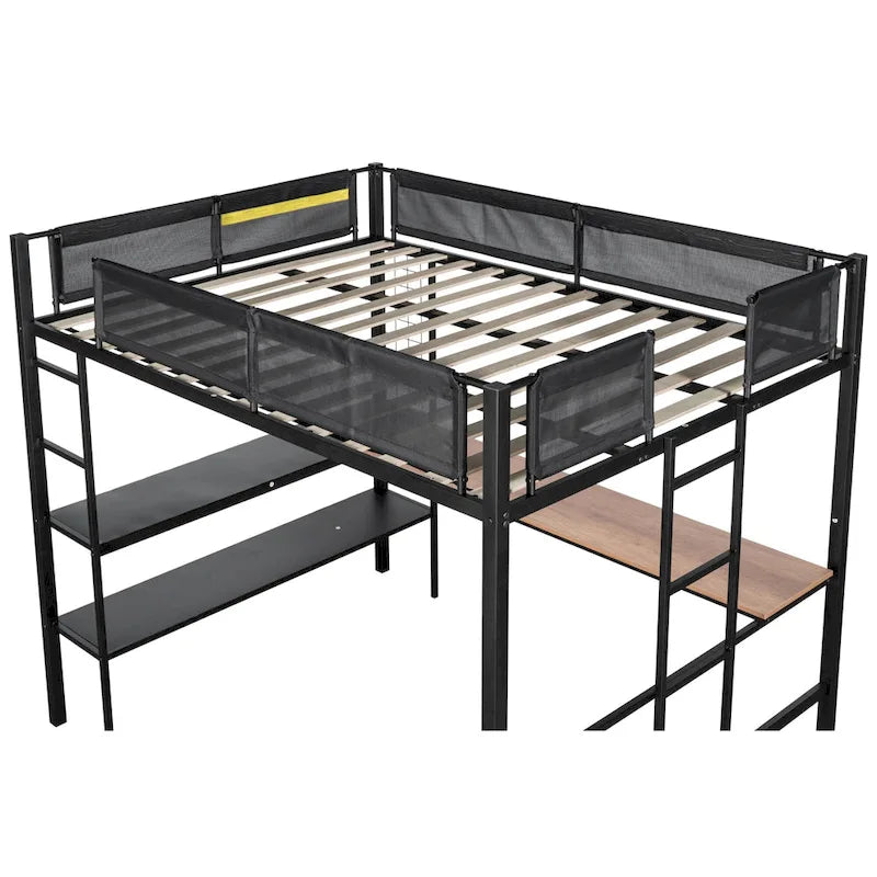 Black Full Size Metal Stell Loft Bed with Desk, Shelves, Noise-free Wood Slats and Comfortable Textilene Guardrail