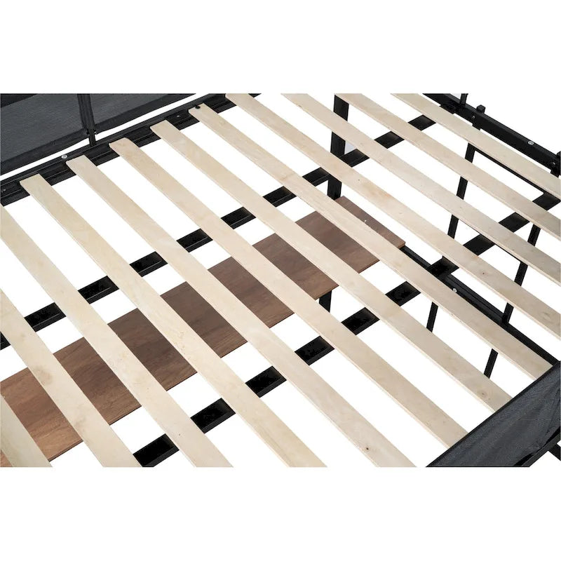 Black Full Size Metal Stell Loft Bed with Desk, Shelves, Noise-free Wood Slats and Comfortable Textilene Guardrail