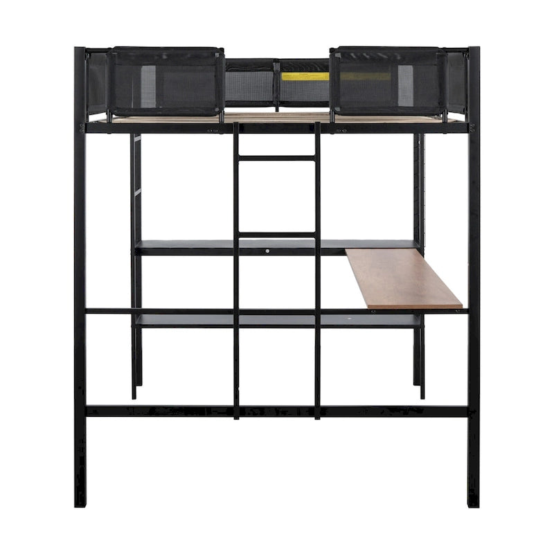 Black Full Size Metal Stell Loft Bed with Desk, Shelves, Noise-free Wood Slats and Comfortable Textilene Guardrail