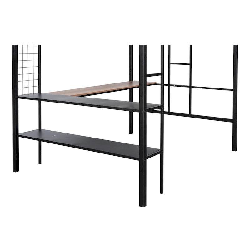 Black Full Size Metal Stell Loft Bed with Desk, Shelves, Noise-free Wood Slats and Comfortable Textilene Guardrail