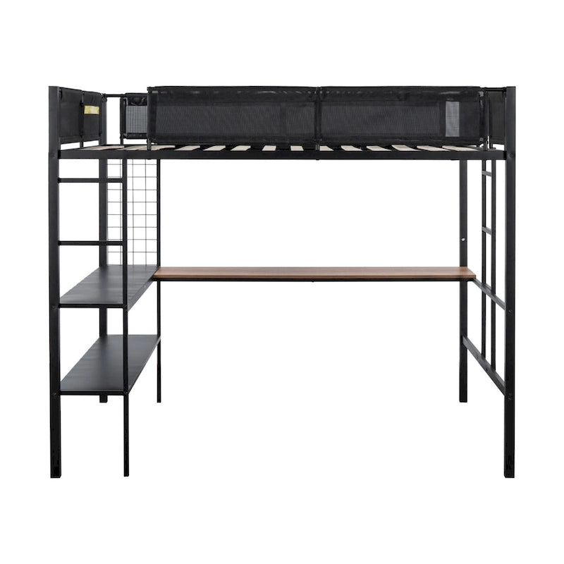 Black Full Size Metal Stell Loft Bed with Desk, Shelves, Noise-free Wood Slats and Comfortable Textilene Guardrail