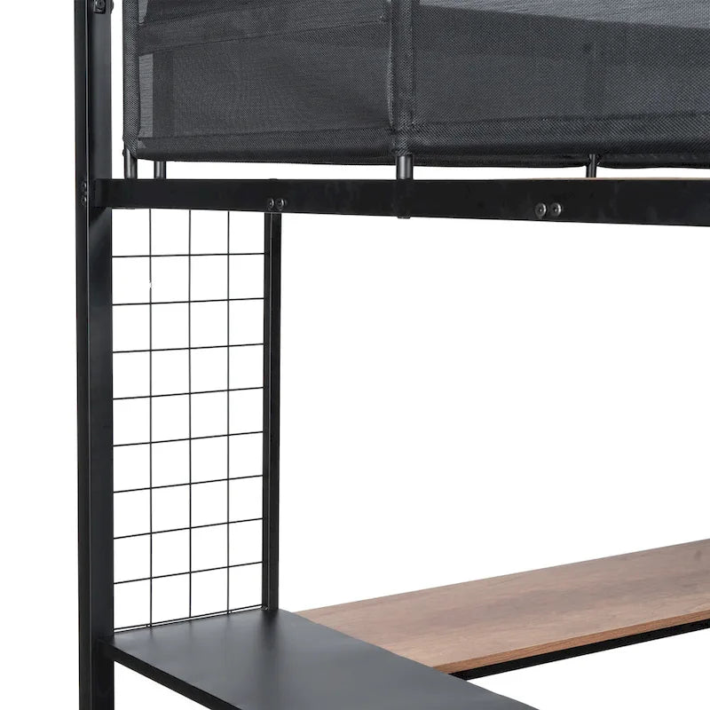 Black Full Size Metal Stell Loft Bed with Desk, Shelves, Noise-free Wood Slats and Comfortable Textilene Guardrail