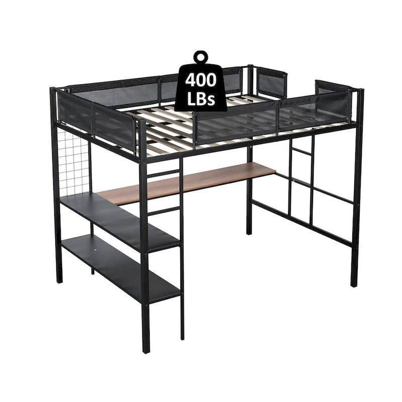Black Full Size Metal Stell Loft Bed with Desk, Shelves, Noise-free Wood Slats and Comfortable Textilene Guardrail