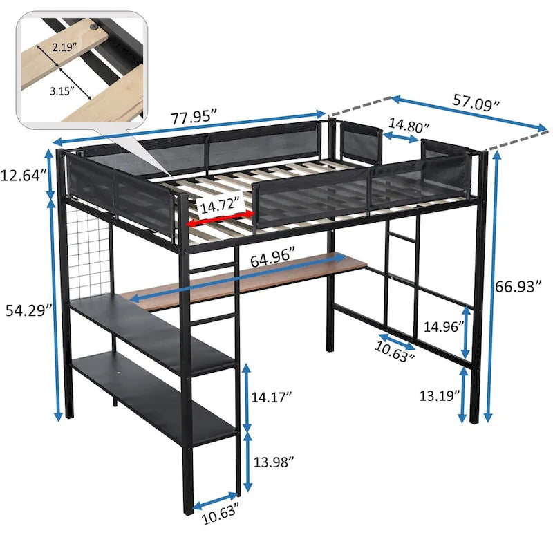 Black Full Size Metal Stell Loft Bed with Desk, Shelves, Noise-free Wood Slats and Comfortable Textilene Guardrail