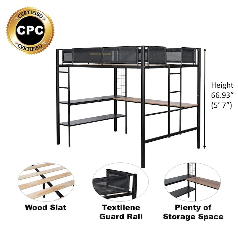 Black Full Size Metal Stell Loft Bed with Desk, Shelves, Noise-free Wood Slats and Comfortable Textilene Guardrail