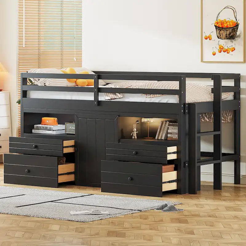 Espresso Twin Size Solid Wood Loft Bed with Drawers and Cabinet