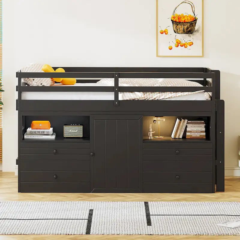 Espresso Twin Size Solid Wood Loft Bed with Drawers and Cabinet