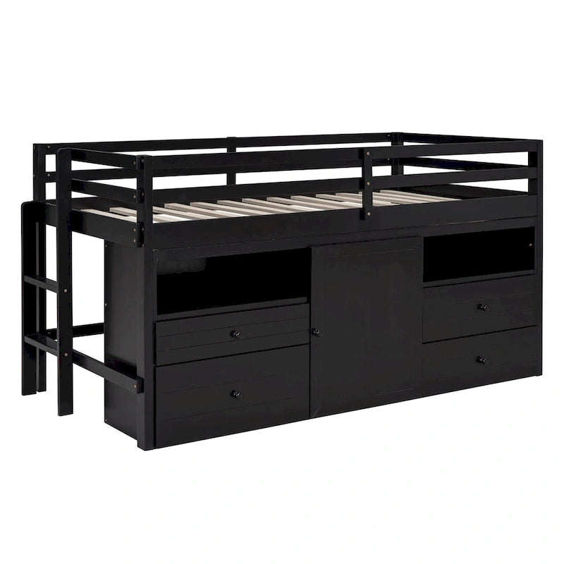 Espresso Twin Size Solid Wood Loft Bed with Drawers and Cabinet