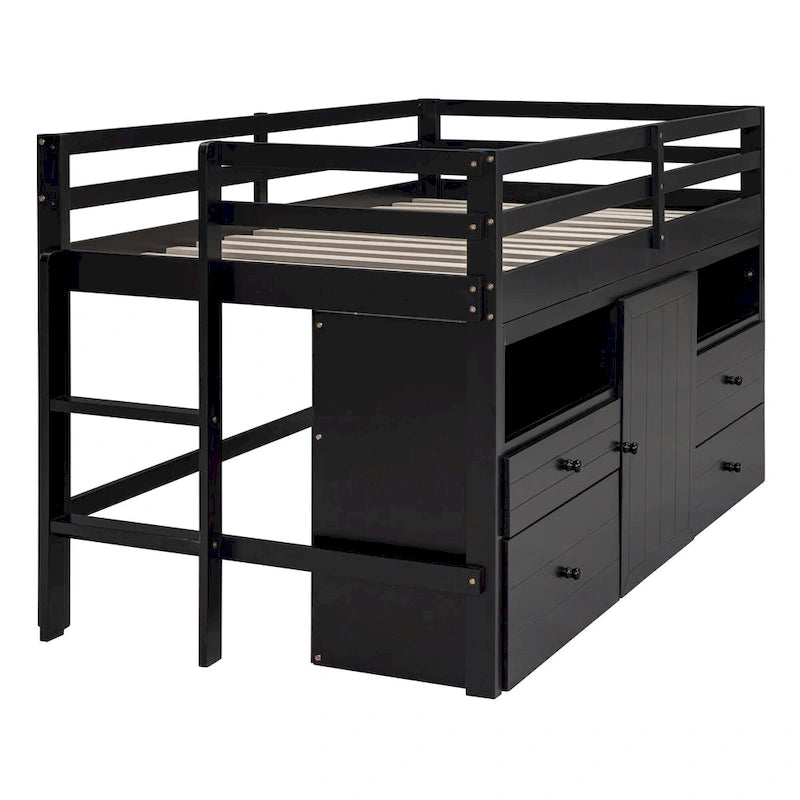 Espresso Twin Size Solid Wood Loft Bed with Drawers and Cabinet