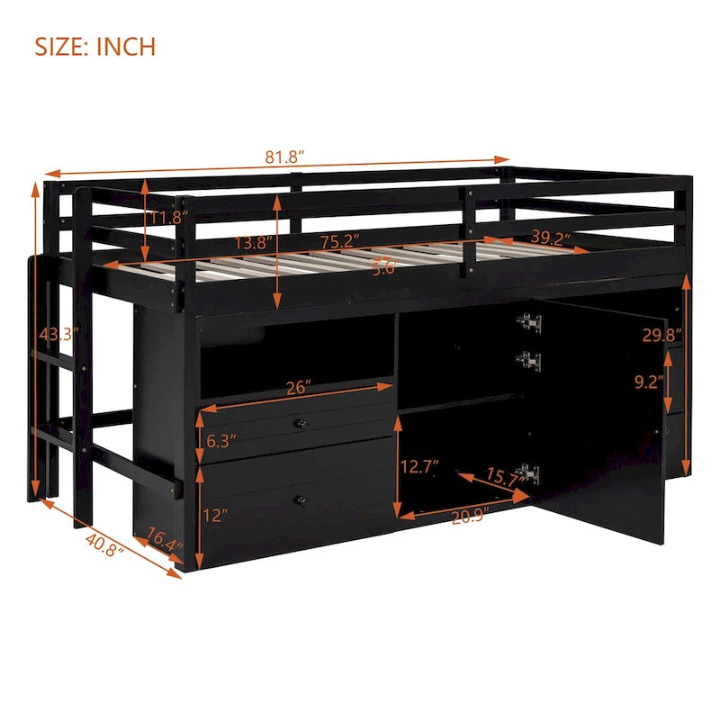 Espresso Twin Size Solid Wood Loft Bed with Drawers and Cabinet