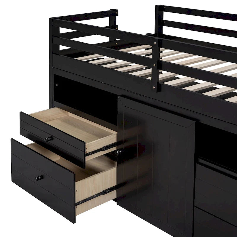 Espresso Twin Size Solid Wood Loft Bed with Drawers and Cabinet