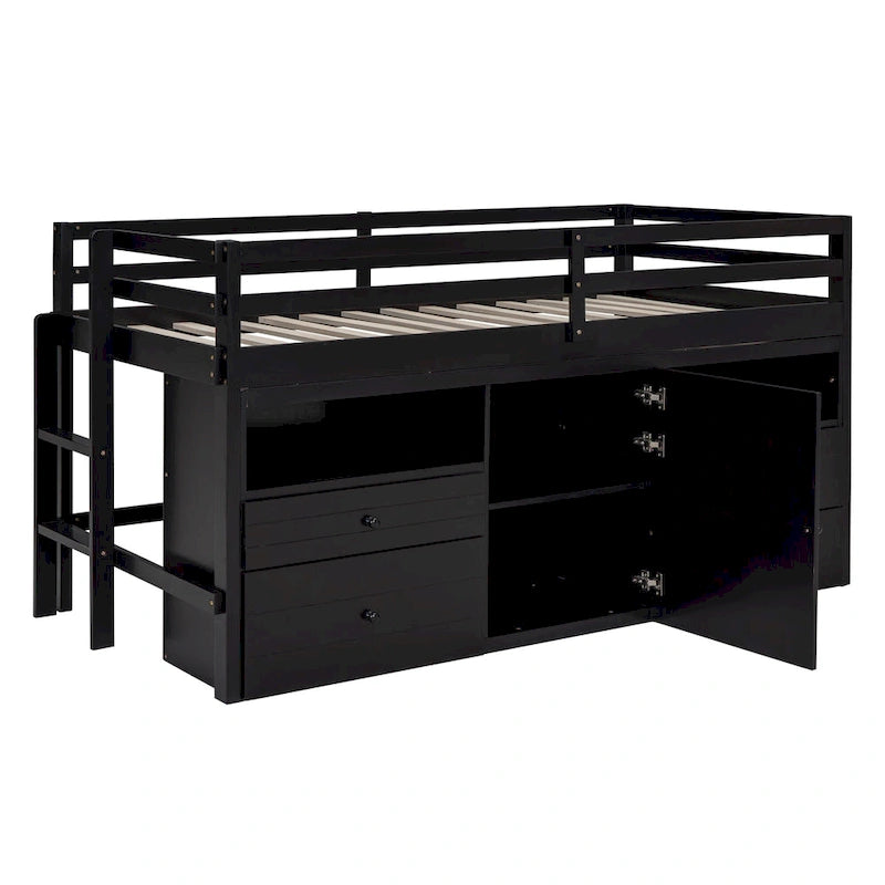 Espresso Twin Size Solid Wood Loft Bed with Drawers and Cabinet