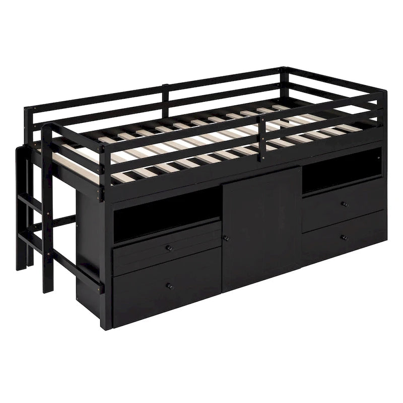 Espresso Twin Size Solid Wood Loft Bed with Drawers and Cabinet