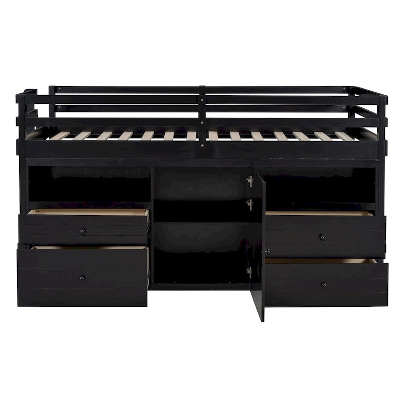 Espresso Twin Size Solid Wood Loft Bed with Drawers and Cabinet