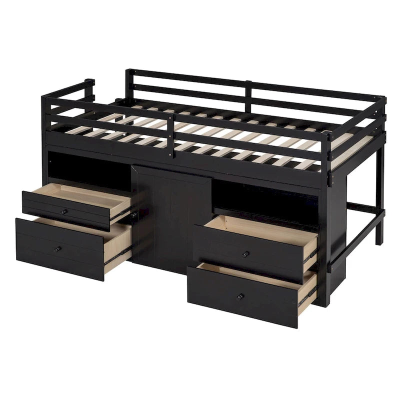 Espresso Twin Size Solid Wood Loft Bed with Drawers and Cabinet