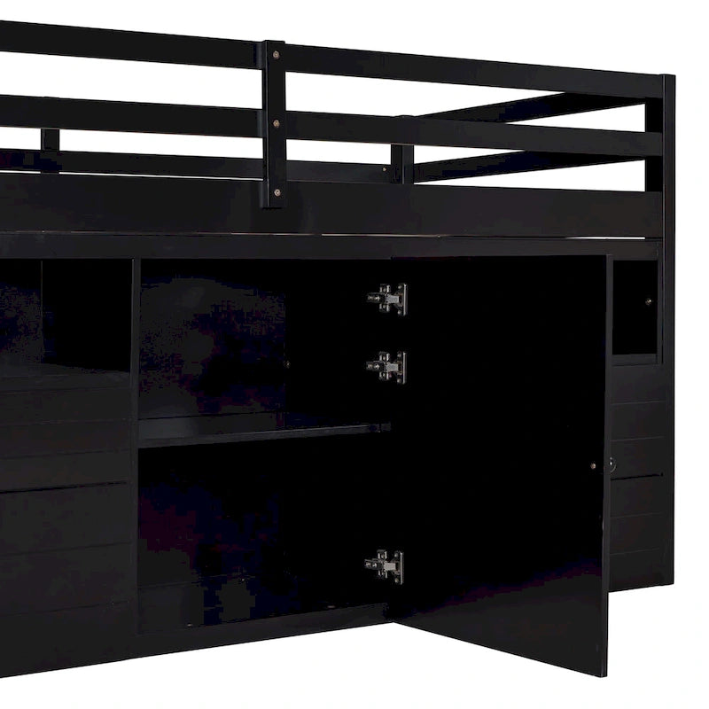 Espresso Twin Size Solid Wood Loft Bed with Drawers and Cabinet