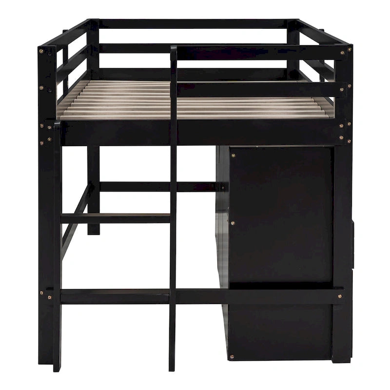 Espresso Twin Size Solid Wood Loft Bed with Drawers and Cabinet