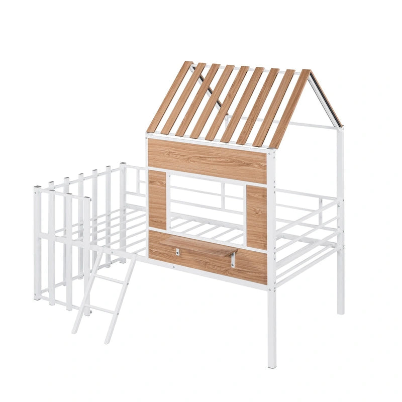 White Twin Size Metal Loft Bed with Roof, Window, Guardrail, and Ladder