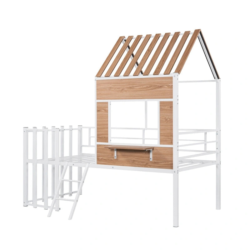 White Twin Size Metal Loft Bed with Roof, Window, Guardrail, and Ladder