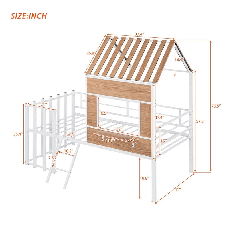White Twin Size Metal Loft Bed with Roof, Window, Guardrail, and Ladder