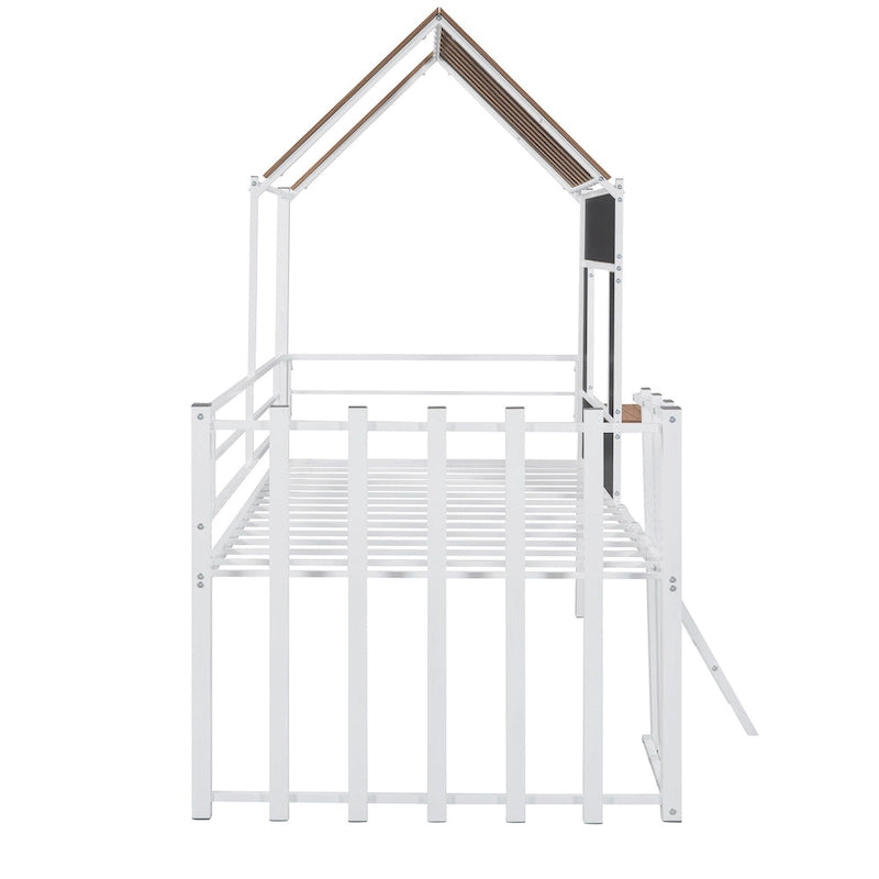 White Twin Size Metal Loft Bed with Roof, Window, Guardrail, and Ladder