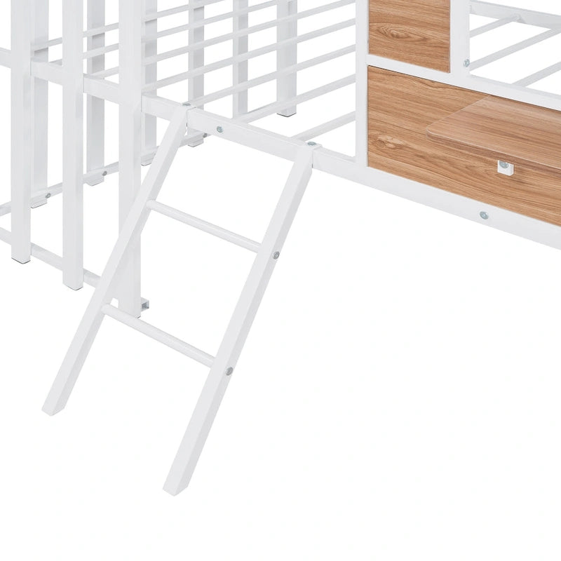 White Twin Size Metal Loft Bed with Roof, Window, Guardrail, and Ladder