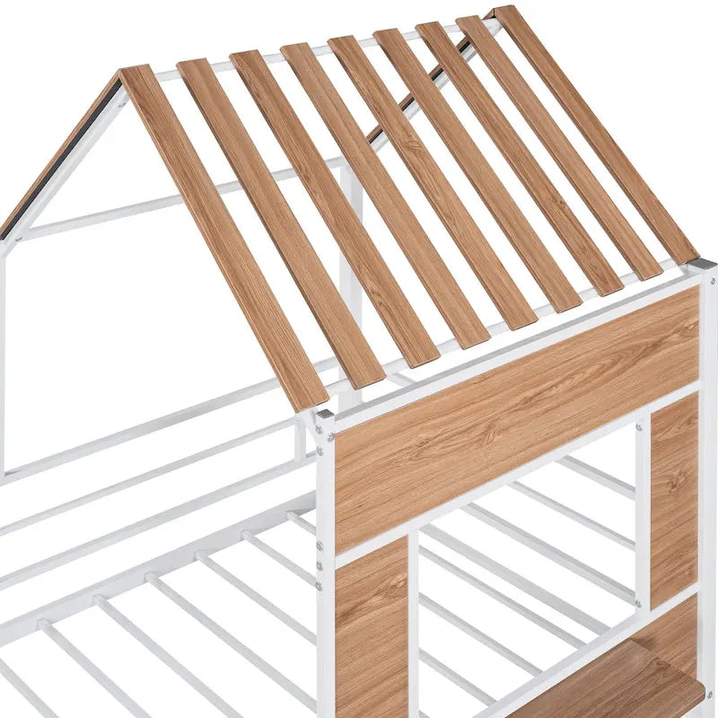 White Twin Size Metal Loft Bed with Roof, Window, Guardrail, and Ladder