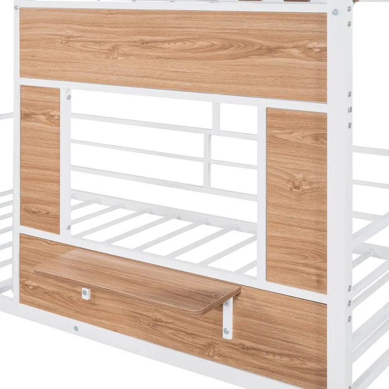 White Twin Size Metal Loft Bed with Roof, Window, Guardrail, and Ladder