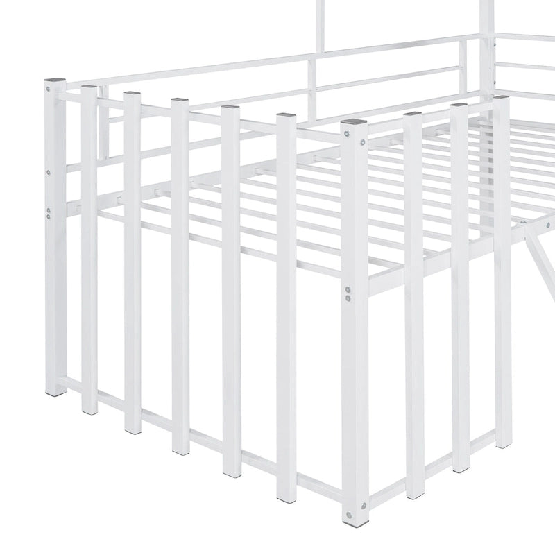 White Twin Size Metal Loft Bed with Roof, Window, Guardrail, and Ladder