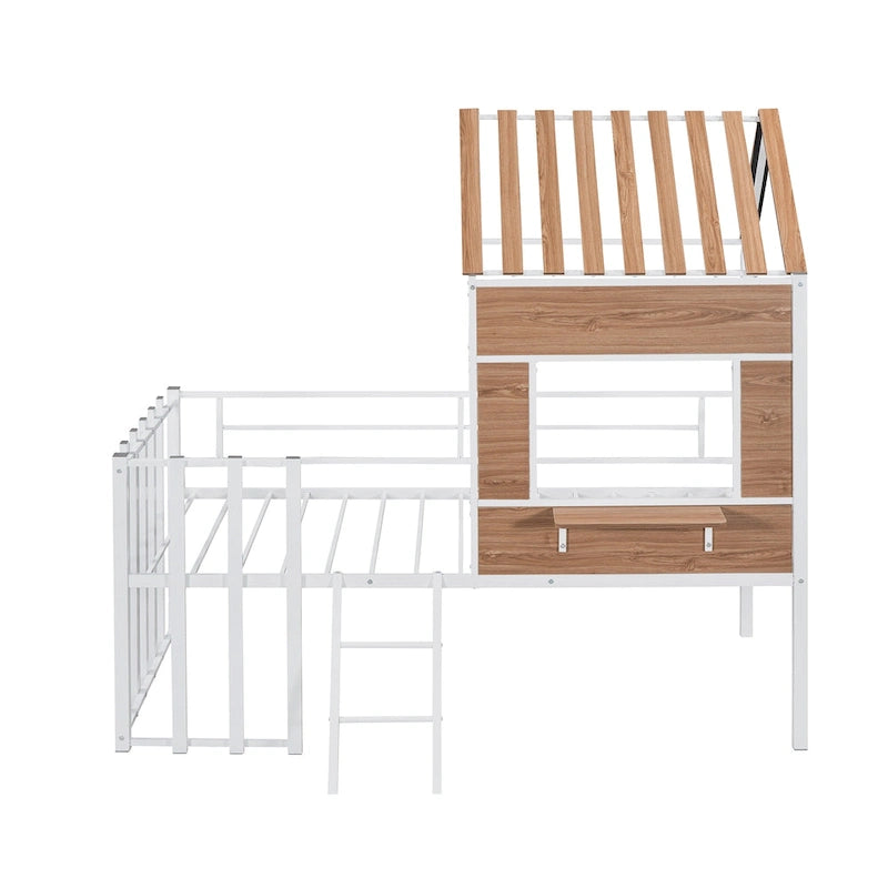 White Twin Size Metal Loft Bed with Roof, Window, Guardrail, and Ladder