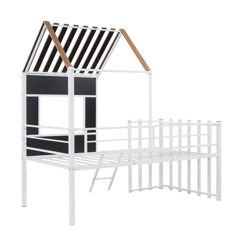 White Twin Size Metal Loft Bed with Roof, Window, Guardrail, and Ladder