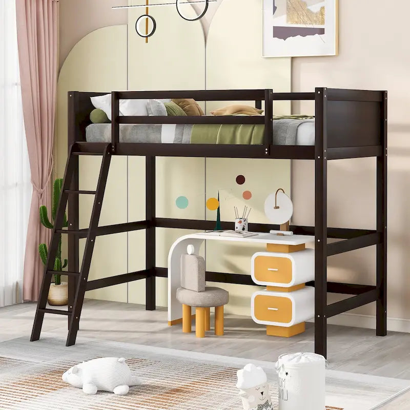 Espresso Twin Size Solid Wood Loft Bed with Ladder and Fence