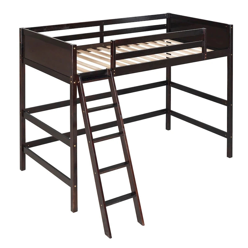 Espresso Twin Size Solid Wood Loft Bed with Ladder and Fence
