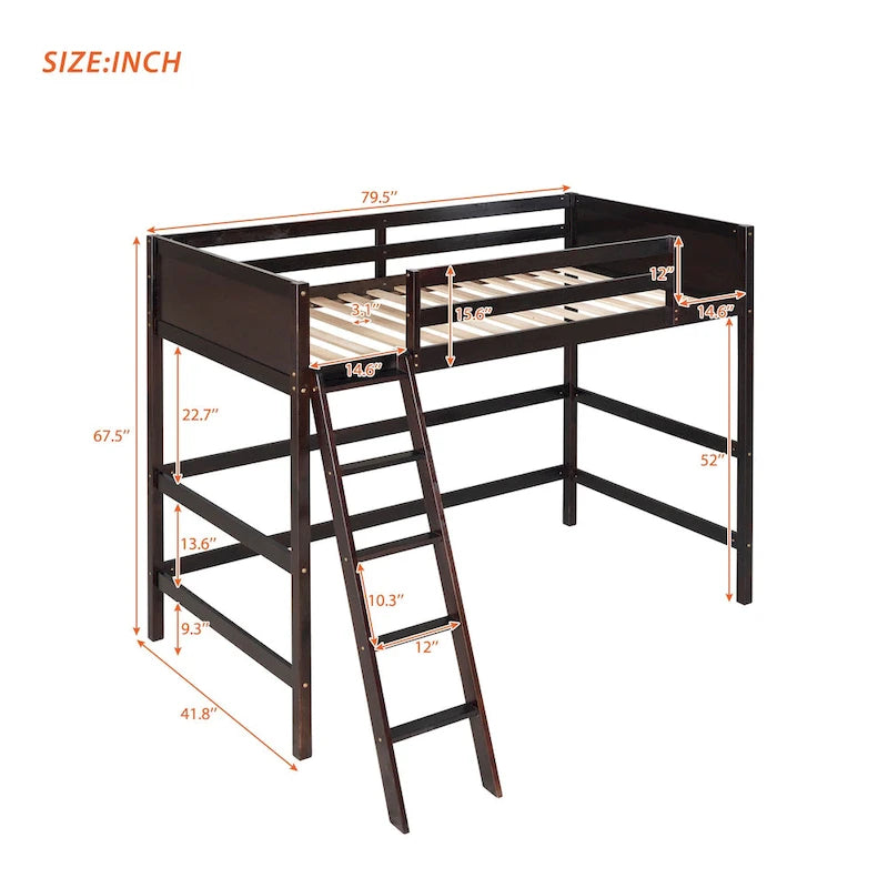 Espresso Twin Size Solid Wood Loft Bed with Ladder and Fence