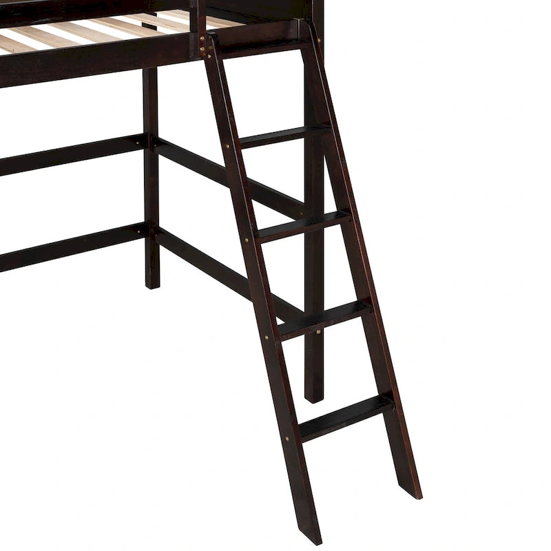 Espresso Twin Size Solid Wood Loft Bed with Ladder and Fence