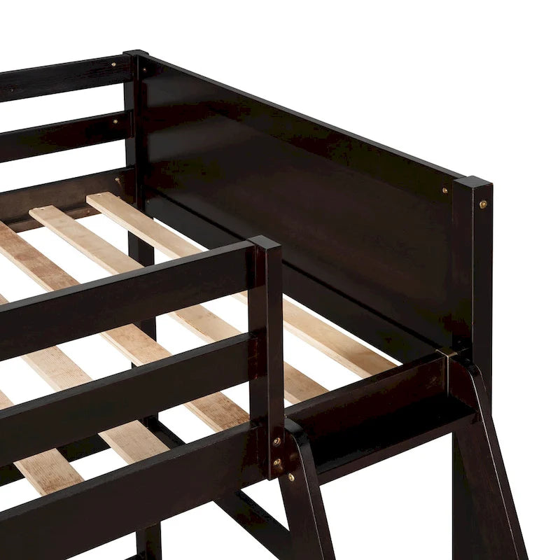 Espresso Twin Size Solid Wood Loft Bed with Ladder and Fence