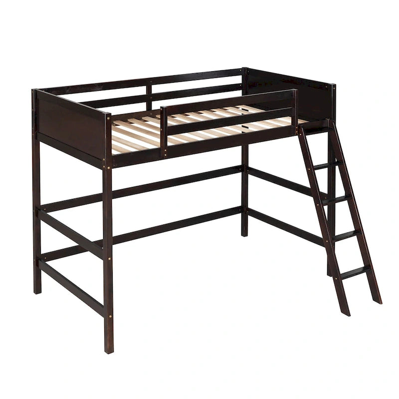 Espresso Twin Size Solid Wood Loft Bed with Ladder and Fence