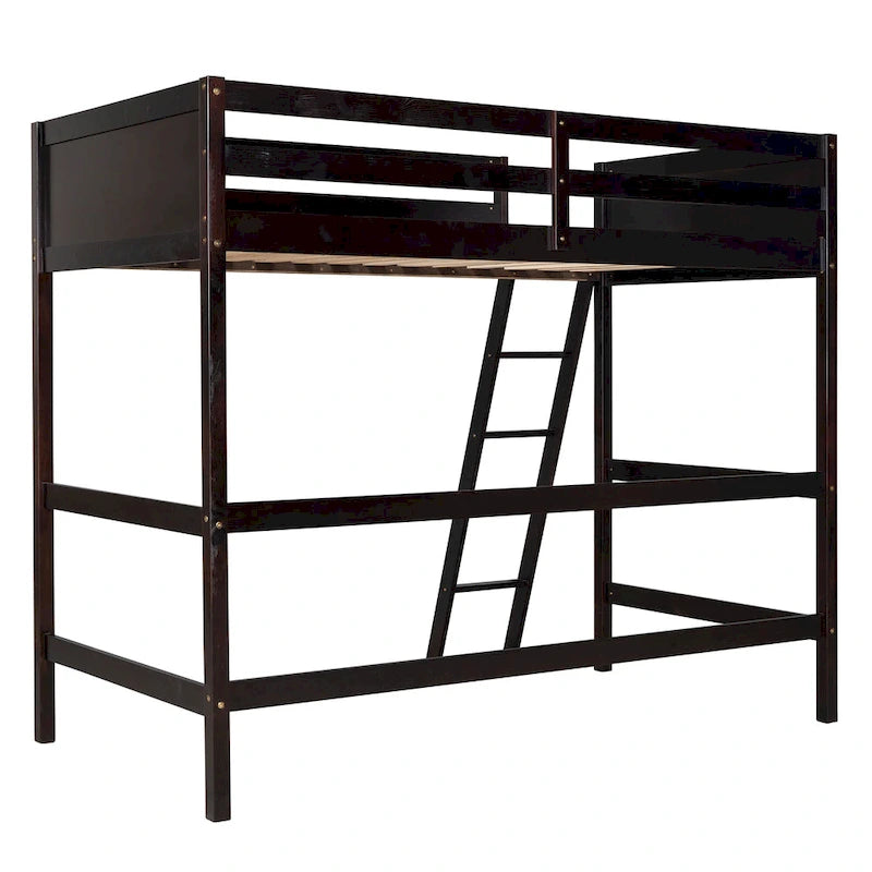 Espresso Twin Size Solid Wood Loft Bed with Ladder and Fence
