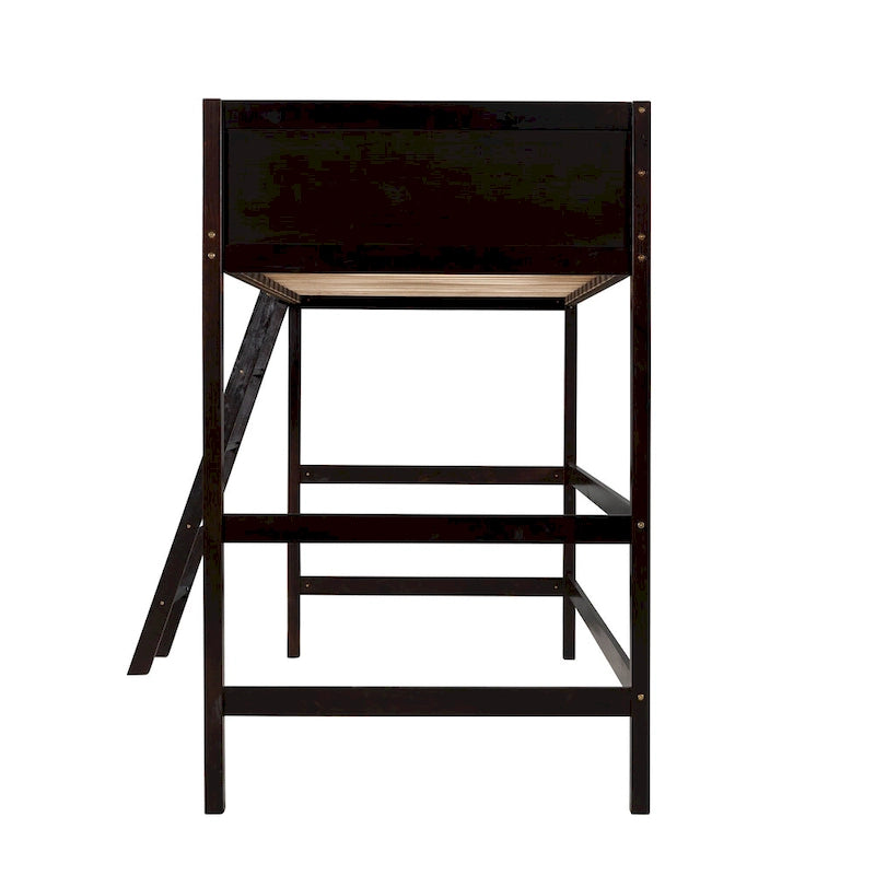 Espresso Twin Size Solid Wood Loft Bed with Ladder and Fence