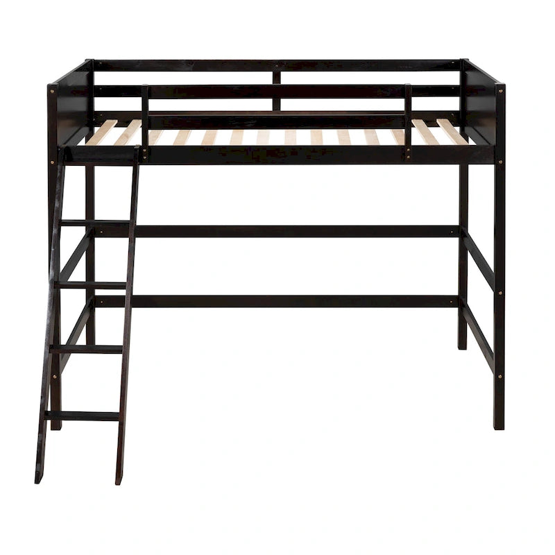 Espresso Twin Size Solid Wood Loft Bed with Ladder and Fence