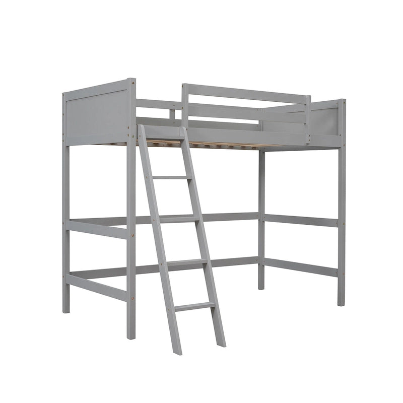 Gray Twin Size Solid Wood Loft Bed with Ladder and Fence